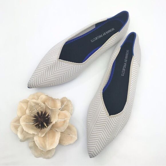 Woman by Projects Soft Knit Herringbone Cream Tan Pointed Flats - Picture 1 of 11